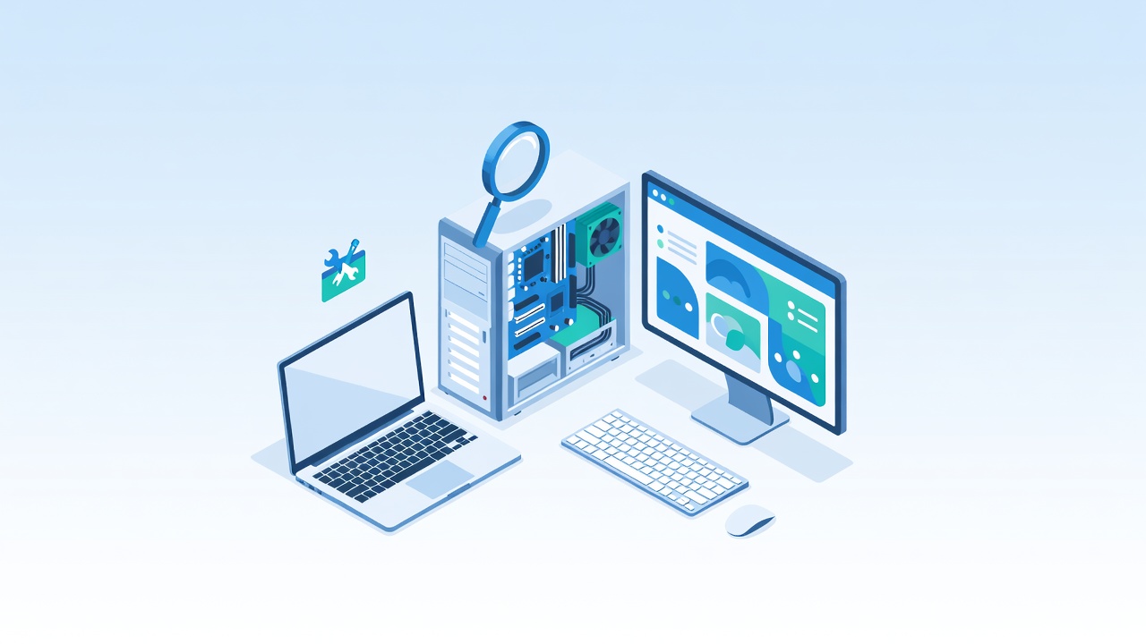 IT hardware consulting showing desktop internals, laptop and monitor with diagnostic tools