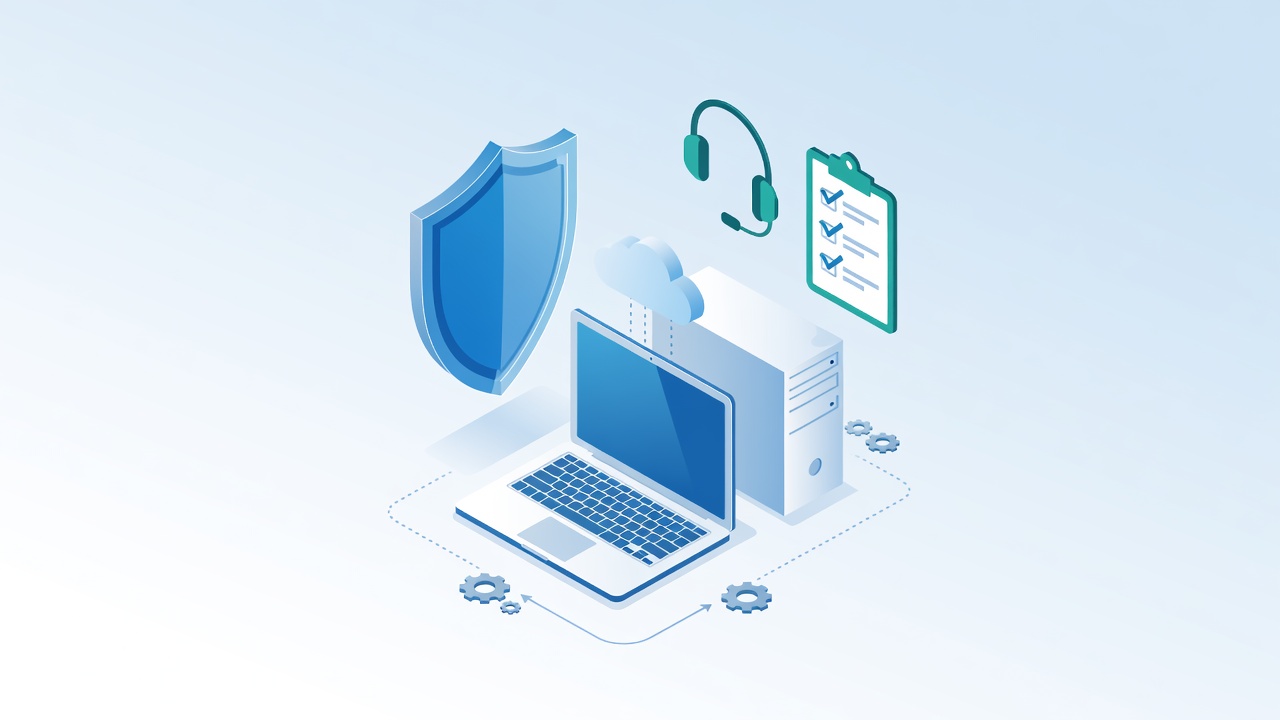 Managed IT support with protective shield, remote headset, monitoring checklist and cloud services