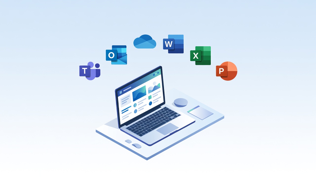 Microsoft 365 apps including Teams, Outlook, Word, Excel, OneDrive and PowerPoint on a laptop