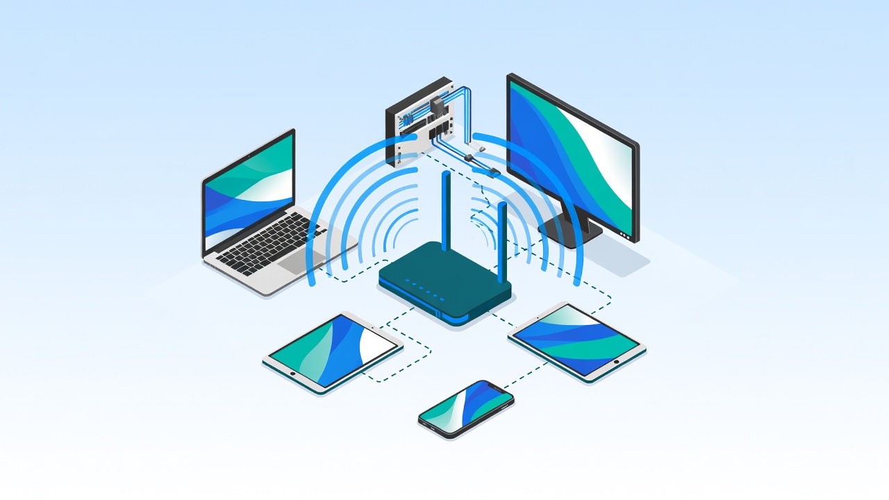 Office WiFi network with router connecting laptops, desktops, tablets and smartphones